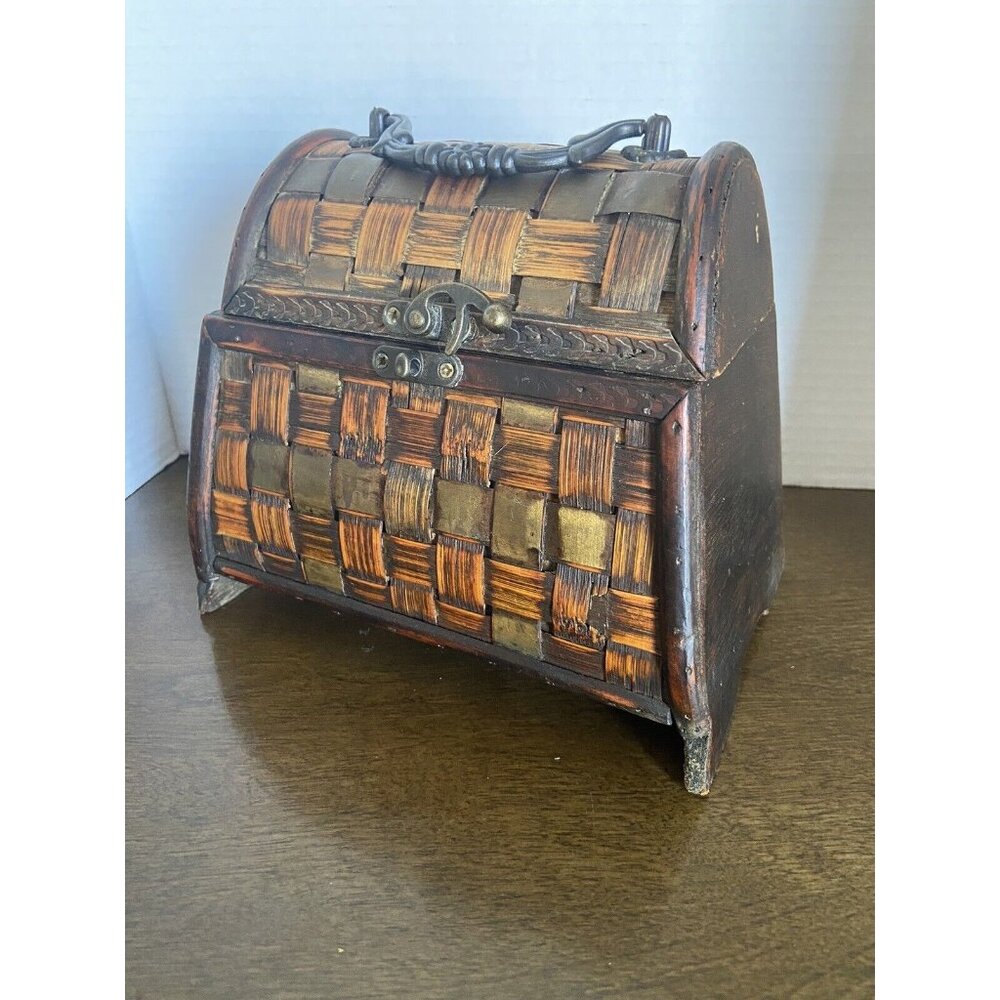 Vintage wicker wood metal trinket box purse chest with legs